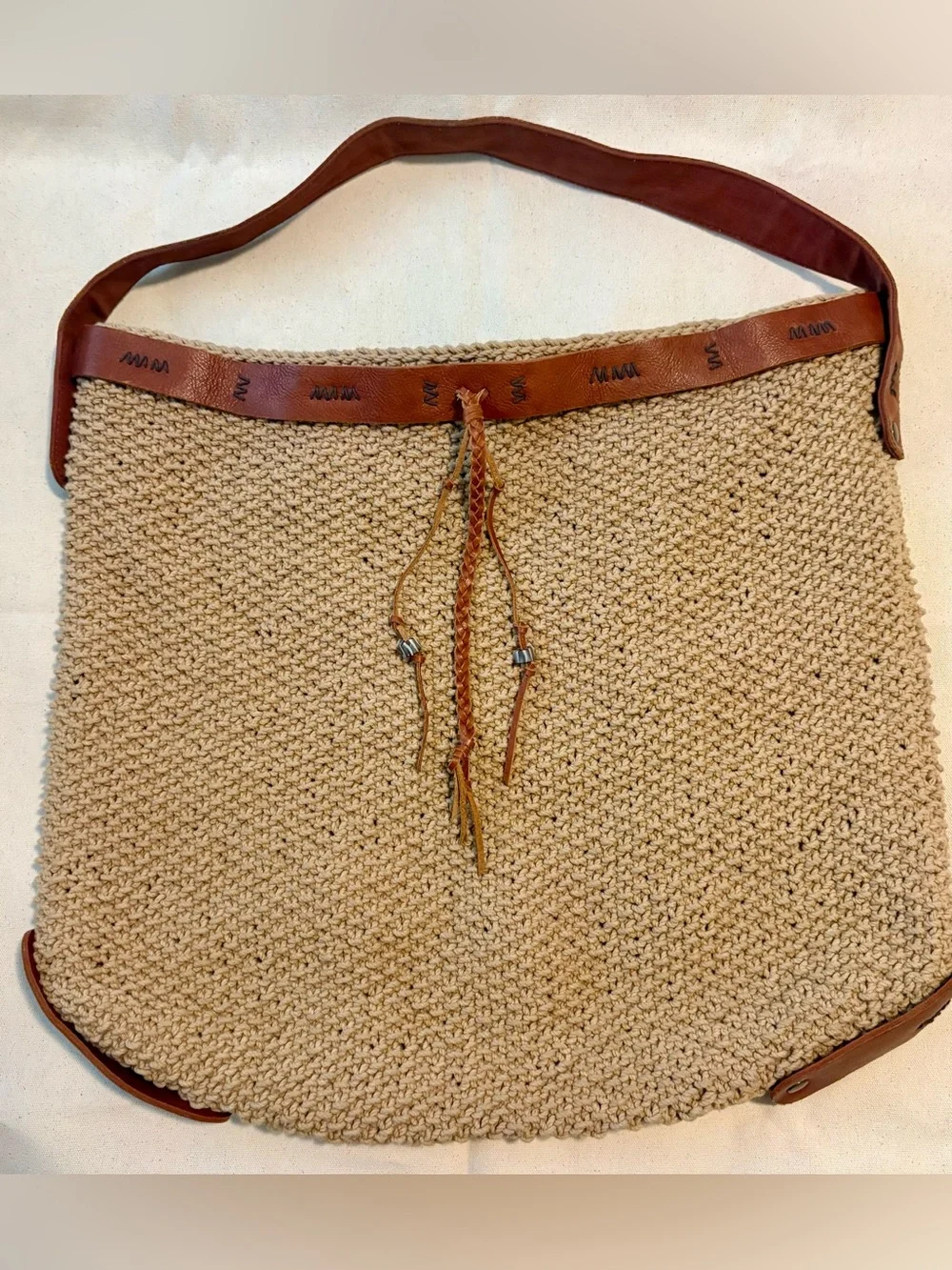 Lucky Brand Vintage Boho Crochet & Leather Shoulder Bag Tote